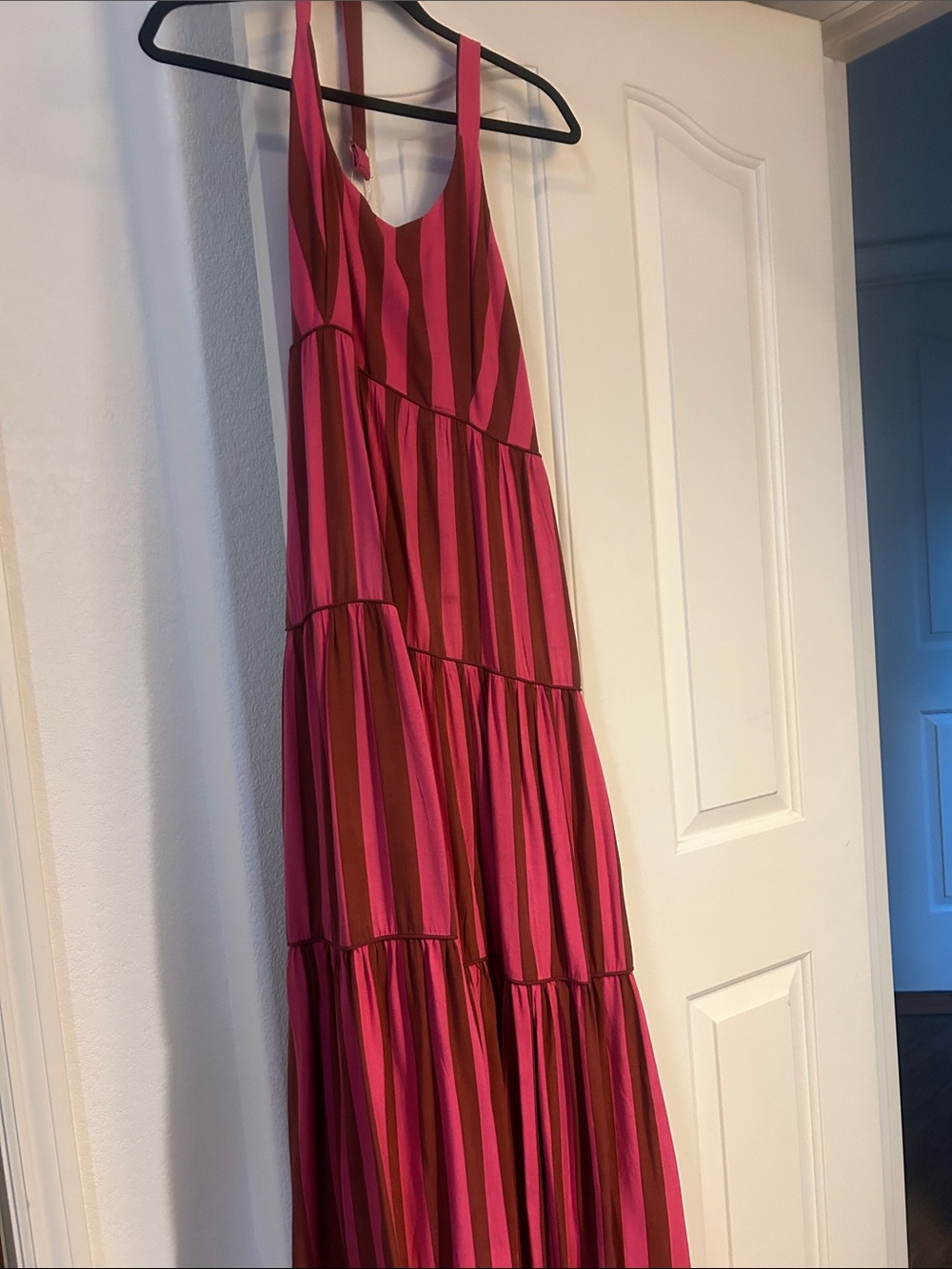 Striped Pink & Cranberry Tiered Maxi Dress